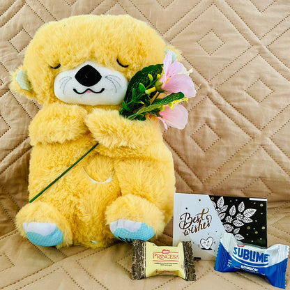 PELUCHE NUTRIA DORMILONA CON CONTROL LED - MOSTAZA