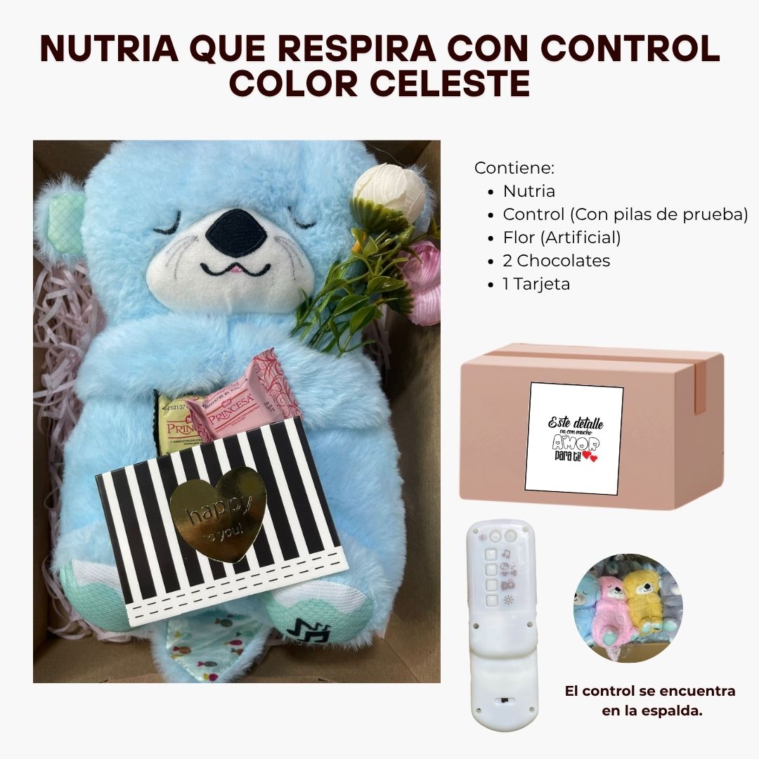 PELUCHE NUTRIA DORMILONA CON CONTROL LED - CELESTE